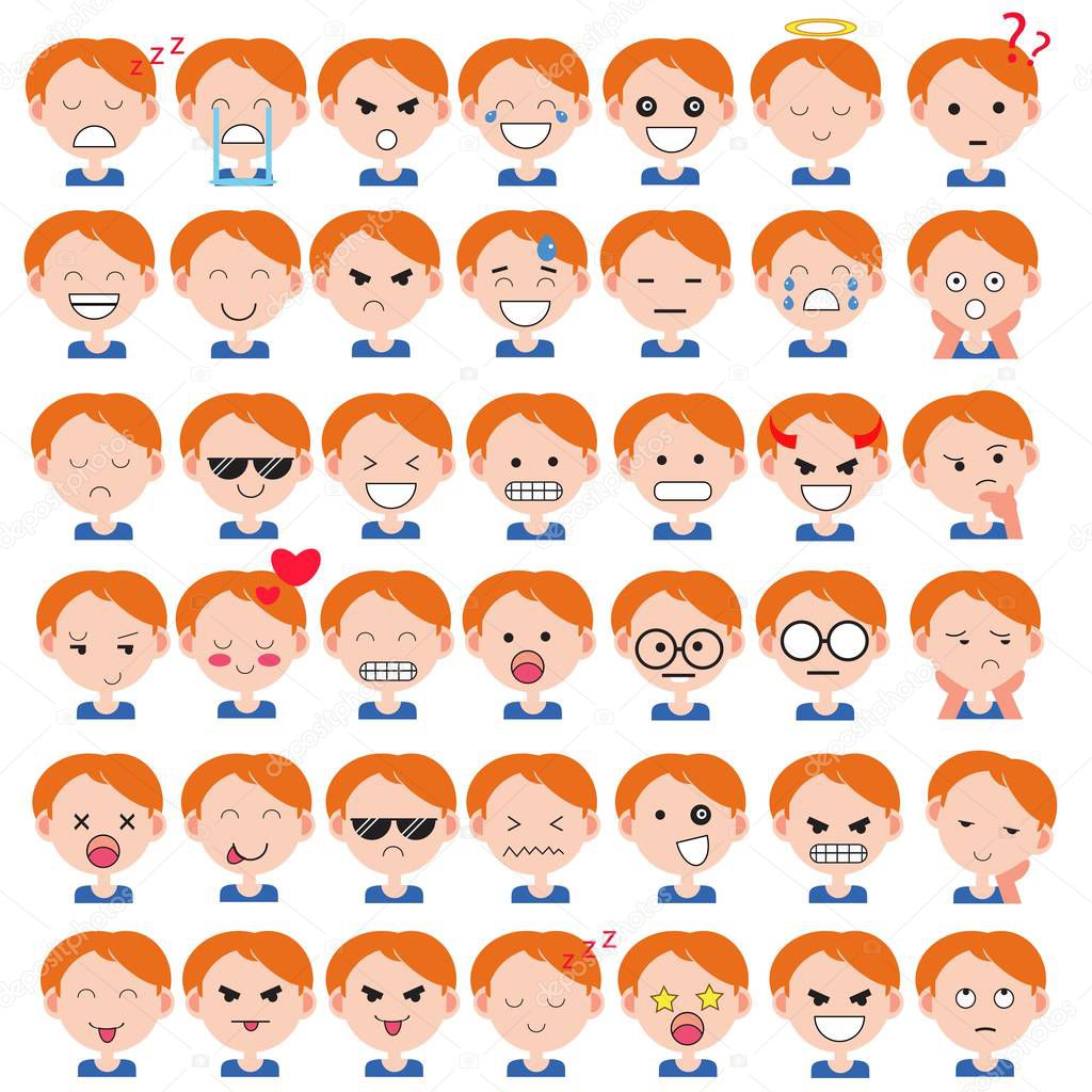 Illustration of cute boy faces showing different emotions. Joy, sadness, anger, talking, funny, fear, smile. Isolated illustration on white background.