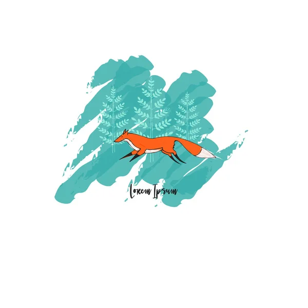 Vector Illustration Card Cute Running Fox Trees Background — Stock Vector