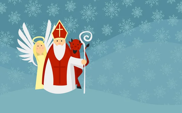 Saint Nicholas Angel Devil Snowy Landscape European Tradition Designed Greeting — Stock Vector