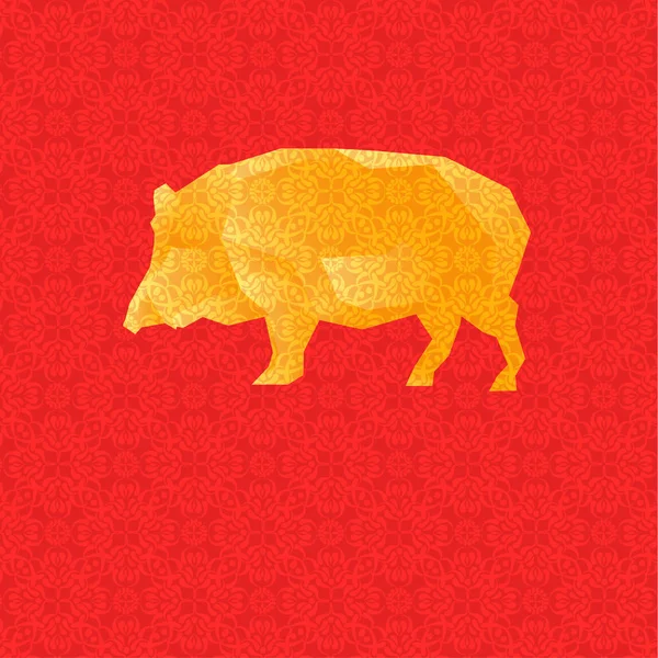 Ilustración Vectorial Con Cerdo Polivinílico Bajo Dorado Sobre Fondo Rojo — Vector de stock
