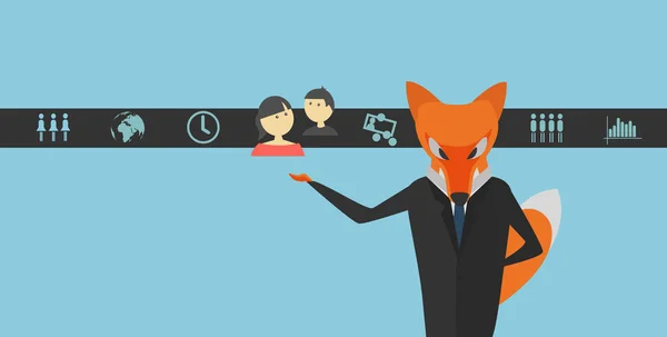 Fox Klädd Mörk Kostym Som Affärsman Dark Strip Med Ikoner — Stock vektor