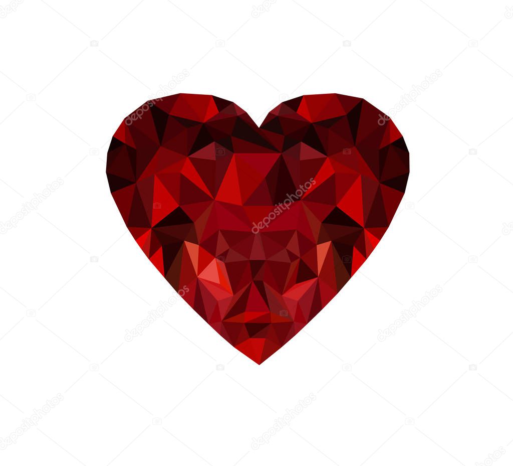 Low Poly Red Heart on the White Background.