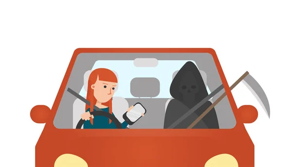ベクトルの図 若い女性を使用して携帯電話 車を運転中 助手席に座って鎌と死 — ストックベクタ
