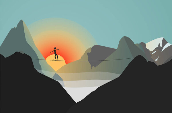 Vector Illustration. Woman Walking High Slack Line in the Mountains while Sundown.