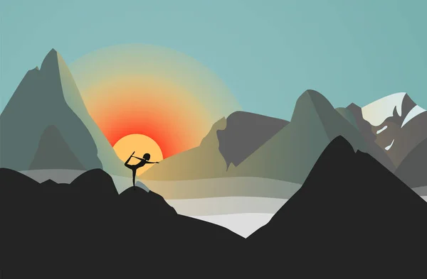 Vector Illustration Silhouette Melawan Matahari Wanita Berlatih Yoga Pegunungan Dia - Stok Vektor
