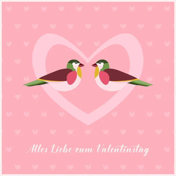 心の中の 羽の鳥と幸せなバレンタインデー カード 背景に小さな心の模様 ドイツ語のテキスト Alles Liebe Valentinstag として幸せなバレンタインデー ベクトル図 — ストックベクタ