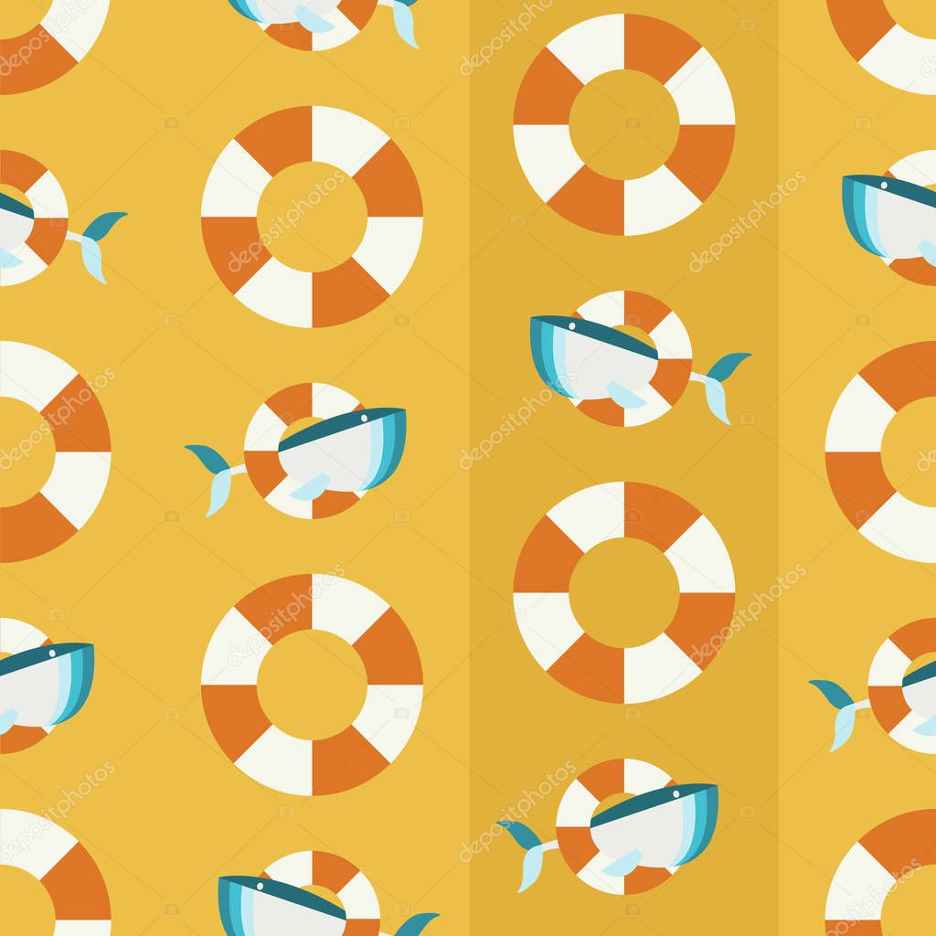 Seamless Pattern with Cute Whales in Floating Rings. Summer Mood.