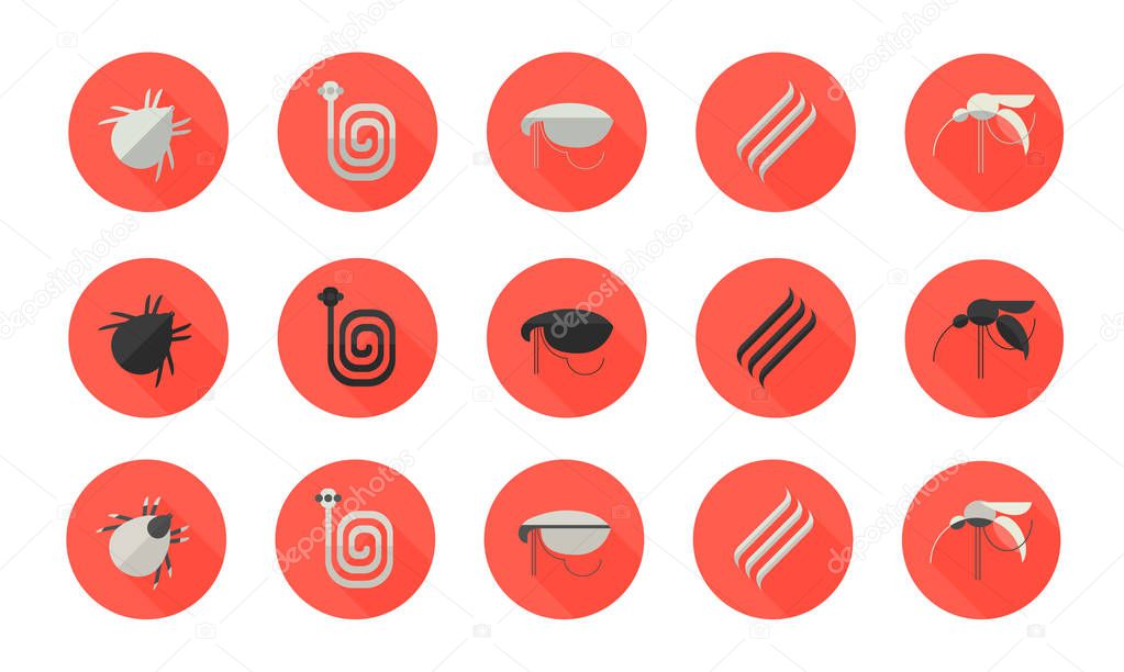 Set of flat design icons with dogs parasites as mosquitoes, crucifers, tapeworms, fleas and ticks.