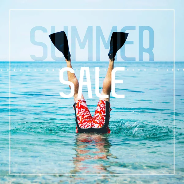 Summer Sale Banner with Male Legs with Fins for Swimming above the Water Surface.