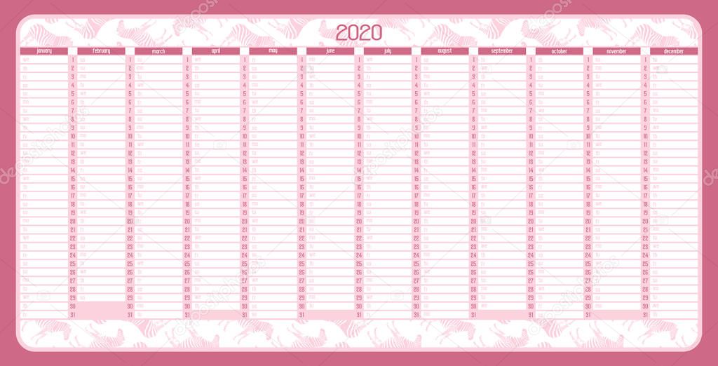 Yearly Wall Calendar Planner Template for Year 2020.