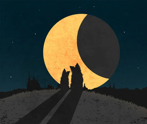 Silhouette von zwei Hunden, die im Gras auf dem Gipfel des Hügels über der Stadt vor dem großen Mond sitzen.. — Stockvektor