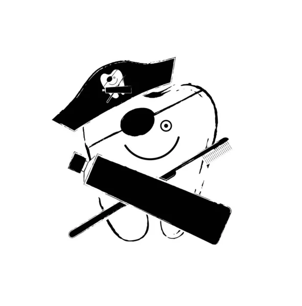 Ilustración vectorial en blanco y negro del diente sonriente estilizado como pirata . — Vector de stock