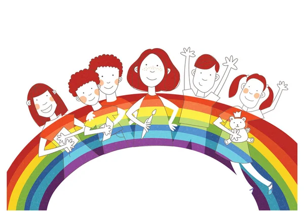 Glada Barn Med Färgglada Regnbåge Bakgrunden Designad För Farväl Välkommen — Stockfoto