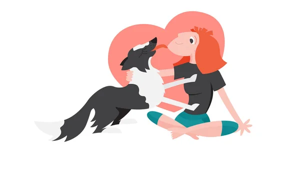 Genç Kızıl Saçlı Kadın Bir Köpeği Okşadı Siyah Beyaz Renkteki — Stok Vektör