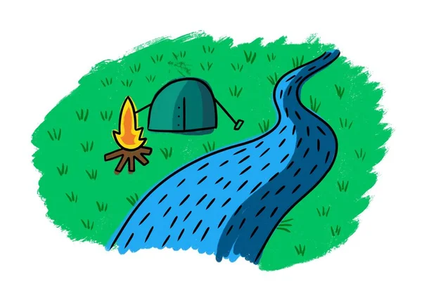 Enkel Illustration Camping Vid Floden Med Eld Och Tält — Stockfoto