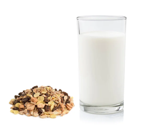 Pile Muesli Fresh Milk Glass Isolated White Background — Stock Photo, Image