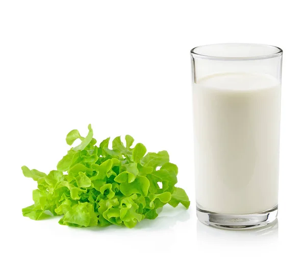 Vaso Leche Con Lechuga Verde Aislada Sobre Fondo Blanco — Foto de Stock