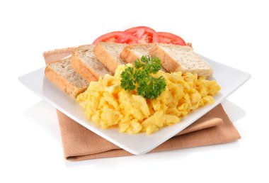 Sahanda yumurta maydanoz, domates, beyaz ekmek ile