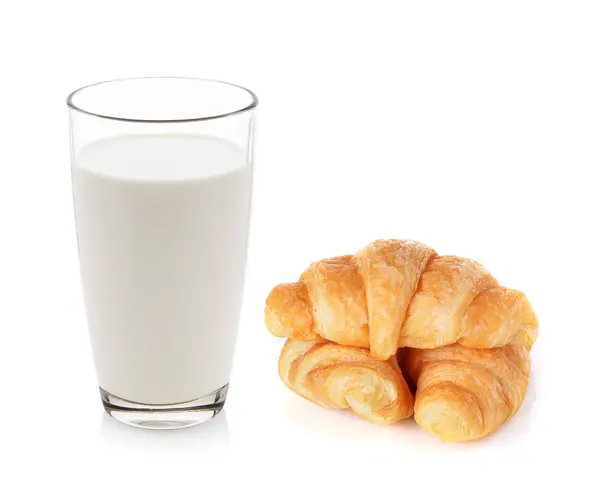 Verre Lait Croissants Isolé Sur Blanc — Photo