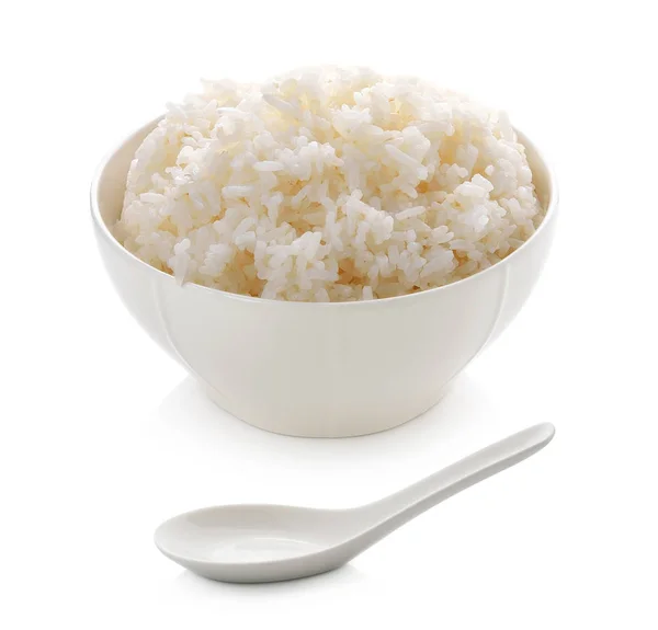 Bir Kase Üzerinde Beyaz Izole Seramik Kaşık Pirinç — Stok fotoğraf