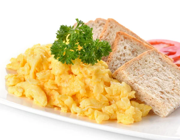 Scrambled Eggs Parsley Tomato Bread White Background — Stock Photo, Image