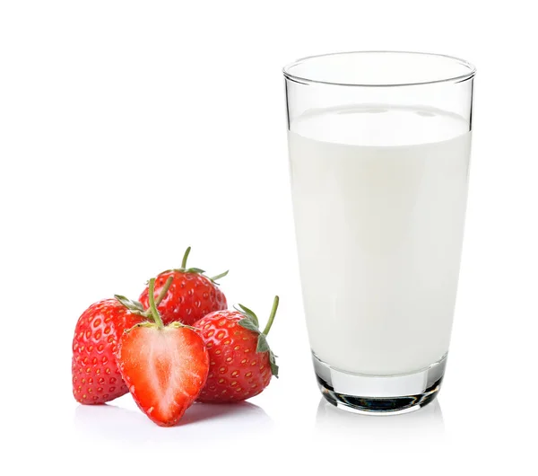 Glass Milk Strawberry White Background — Stock Photo, Image