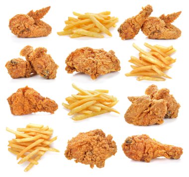 kızarmış tavuk ve patates kızartması beyaz arka plan üzerinde.