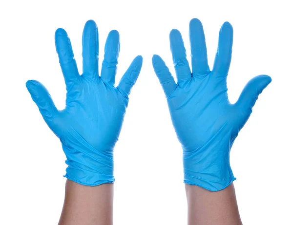 Händerna Sjukvårdare Som Bär Blå Latex Handskar — Stockfoto