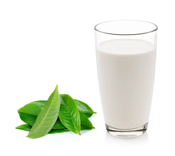 牛乳と緑茶の葉が白い背景で隔離のガラス — ストック写真