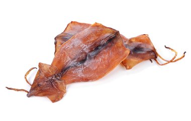 Beyaz arkaplanda kurumuş mürekkep balığı