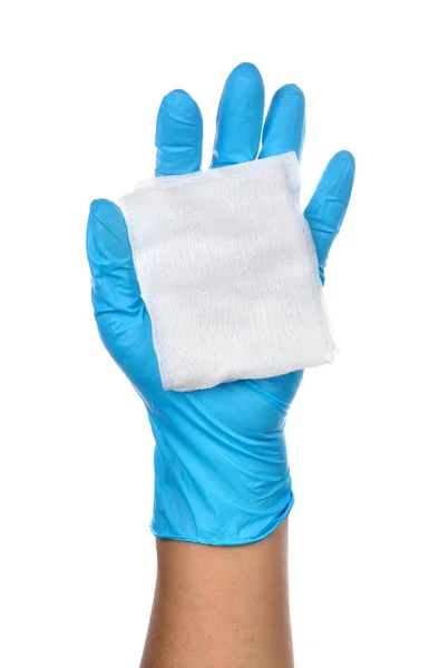 Manos Médico Con Guantes Látex Azul Con Gasa —  Fotos de Stock