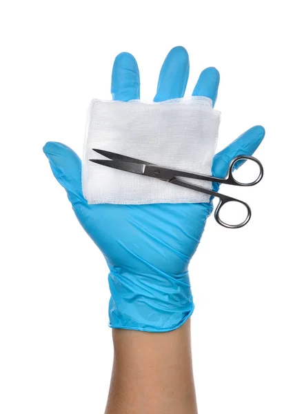 Руки Медика Синих Латексных Перчатках Хирургическими Ножницами Марлей — стоковое фото