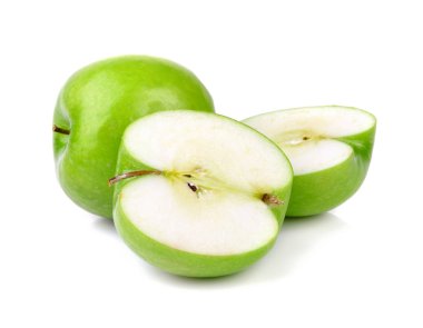 Yeşil elma meyve üzerinde beyaz adam izole