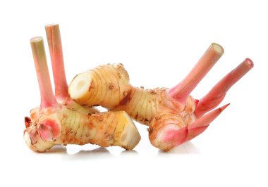 Beyaz arkaplanda izole edilmiş taze galangal.