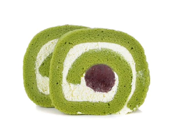 Matcha Zöld Tea Yam Roll Torta Elszigetelt Fehér Background — Stock Fotó