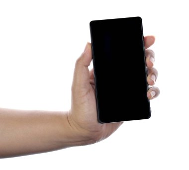 siyah telefon üzerinde beyaz izole tutan el