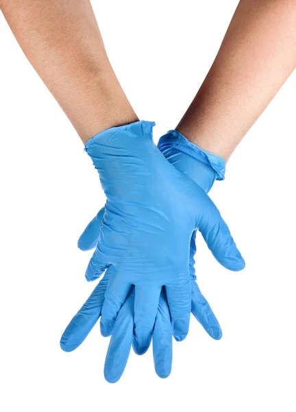 Mains Médecin Portant Des Gants Latex Bleu — Photo