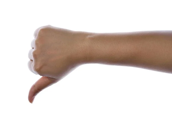 Женская Рука Показывает Большой Палец Вниз Изолированы Белом Фоне — стоковое фото