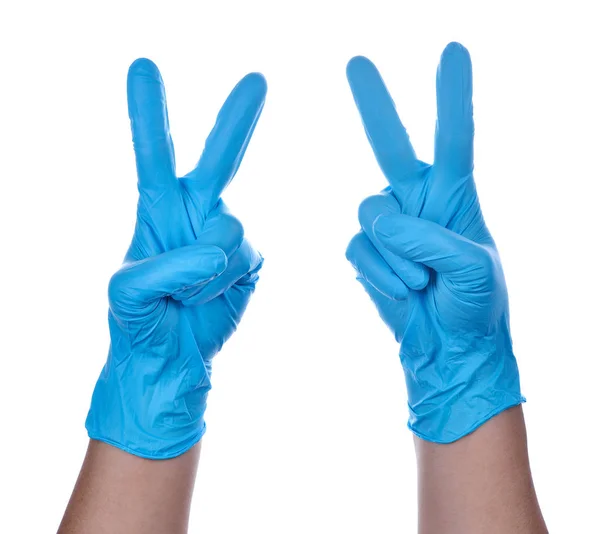 Mains Médecin Portant Des Gants Latex Bleu — Photo