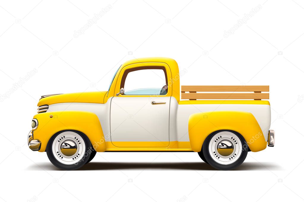 Illustration of realistic retro pickup two color yellow and white with shadow on white background