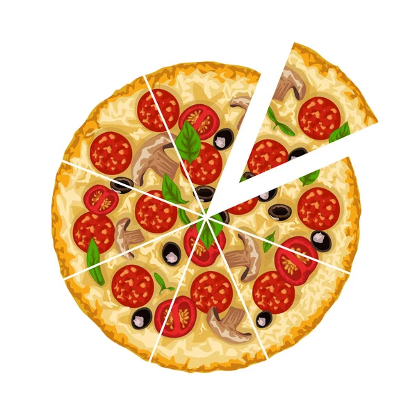 Pizza rebanada en blanco — Vector de stock