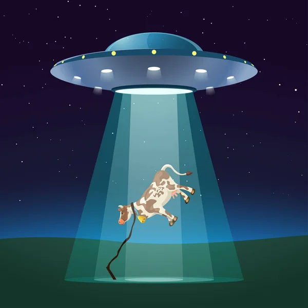 Ufo pe timp de noapte cu vaca — Vector de stoc