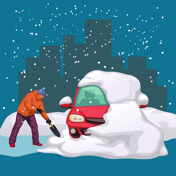 Man cleaning car from snow — Stock Vector