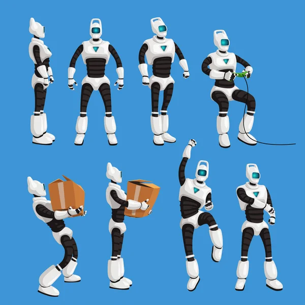 Robot en diferentes poses en conjunto sobre fondo azul — Vector de stock