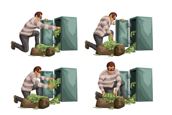 Ladrón tomando dinero de caja fuerte en el set — Vector de stock