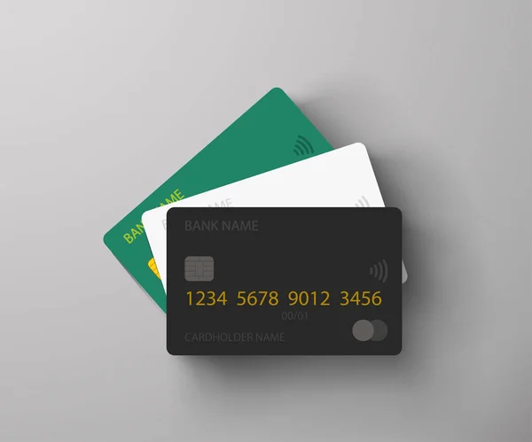 Drie creditcards liggend op grijze achtergrond — Stockvector