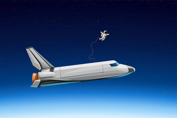 Transbordador espacial con astronauta volando en órbita — Vector de stock