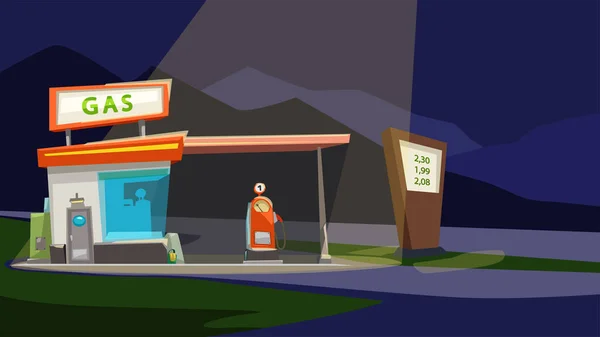 Cartoon gas station at night with light — Stock Vector