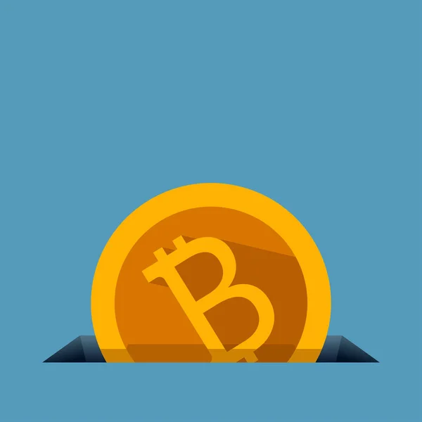 Illustration der goldenen Bitcoin fallen in Loch auf blauem Hintergrund — Stockillustration Goldener Bitcoin fällt in Loch auf blauem Grund — Stockvektor