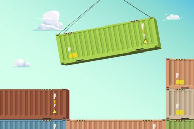 Nakliye limanında vinç ile indirilen yeşil renkli metal konteynırın çizimi